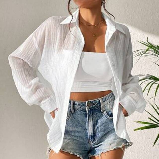 RosyDaze Women&#39;s Elegant French Style Commuter Casual Sheer Long Sleeve White Back To School Shirt