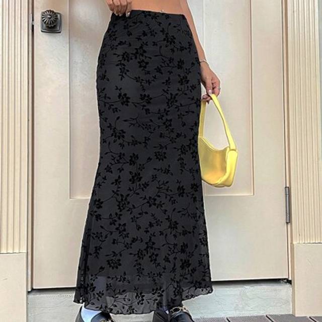 SHEIN Floral Print Lettuce Trim Mermaid Hem Mesh Skirt