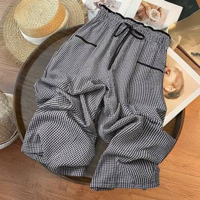 SHEIN Black & White Plaid High Waist Pocket Detail Straight Leg Women Pants