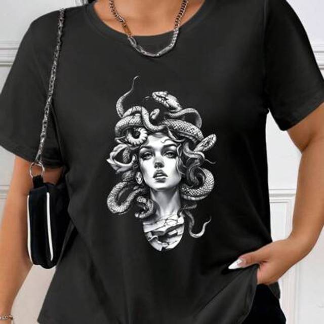 Flirla Plus Size Women&#39;s Snake Print Short-Sleeve T-Shirt For Summer Graphic Tees Women Tops