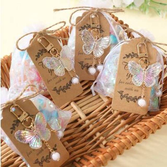 SHEIN 40pcs/10set Butterfly Theme Key Ring Mesh Gift Bag Set, Creative Keychain With Thank You Card, Colorful Butterfly Design Pendant , Thank You Mesh Gift