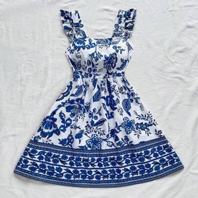 Soleia Casual & Resort Style Butterfly Sleeve Backless Tie Up Placement Printed Blue & White Floral Print Dress For Women,Pastel Dresses For Women