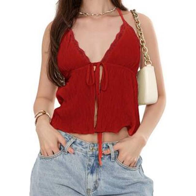 SHEIN Women&#39;s Summer Halter Tank Tops Lace Trim Sleeveless Slit Hem Backless Slim Fit Vest