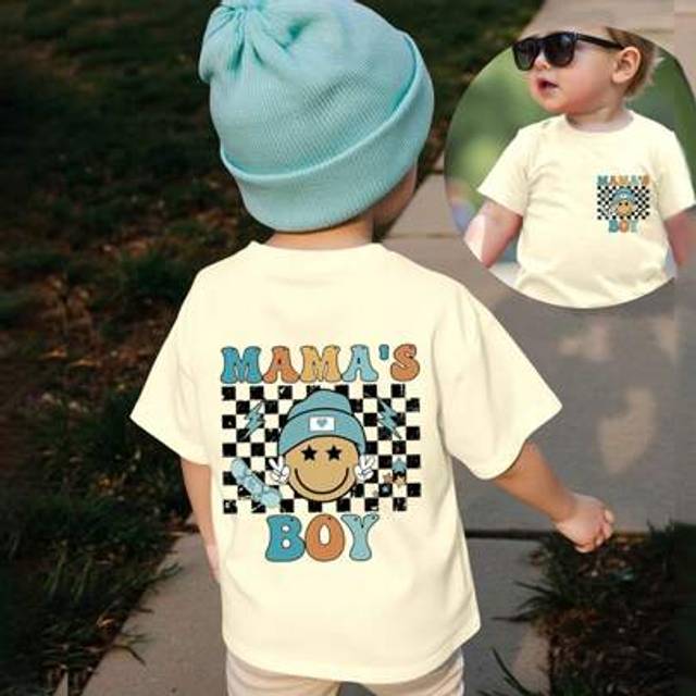SHEIN Baby Boy Casual Cute Checkered Face &#34;MAMA&#39;S BOY&#34; Letter Print Short Sleeve Round Neck T-Shirt, Summer