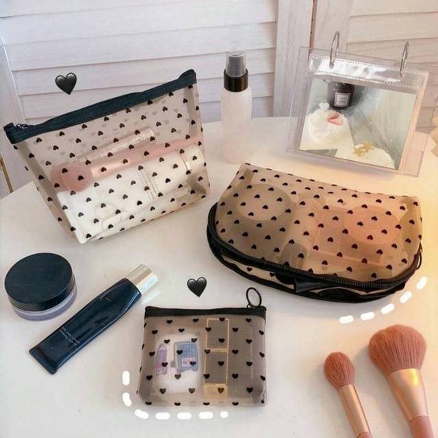 SHEIN 1PC Heart Printed Mesh Makeup Bag Set Toiletry Cosmetic Purse With Zipper Portable Storage Organizer For Home Office Travel Christmas Gift Boho