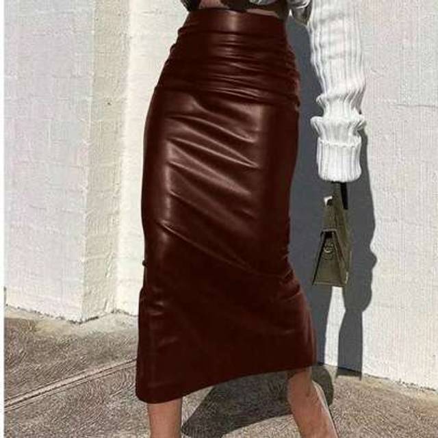 SHEIN Women Solid Color High Waist Pleated PU Leather Long Skirt, Fashion