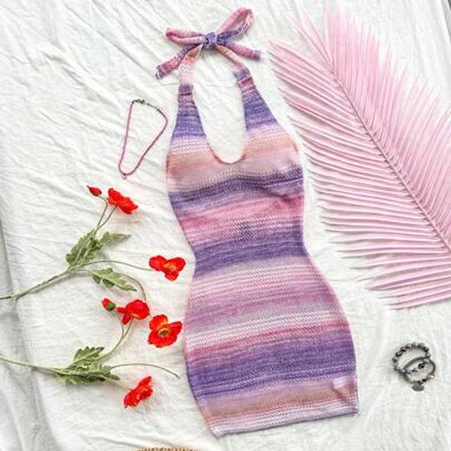 Soleia Women&#39;s Knitted Color-Block Striped & Floral Printed Sleeveless Dress With V-Neckline,Pastel Dresses For Women,Lavender Dress