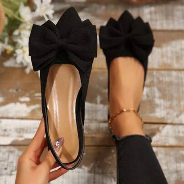 SHEIN Women&#39;s Pointy Toe Slingback Flats With Bowknot Decor, Black Casual Shoes, Elegant & Charming