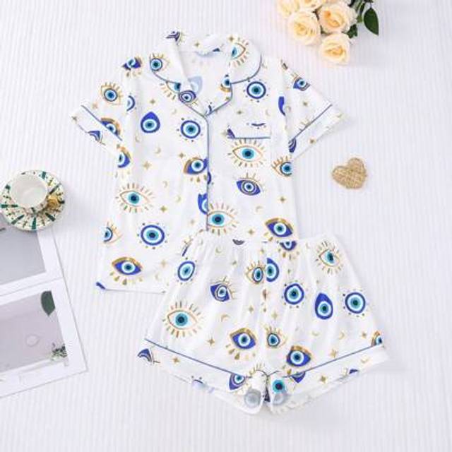 SHEIN 2pcs Spring Eye Print Party Women Pajama Set, Short Sleeve Collared Cardigan Top And Elastic Waist Shorts, Casual All Season Women Sleepwear & Loungew