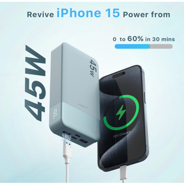SHEIN JUOVI Power Bank Portable Charger,20000mAh 45W PD3.0 QC 4.0 Fast Charging Battery Pack With LED Display,2 USB-C,2 USB-A For IPhone 15, Blue,Green For