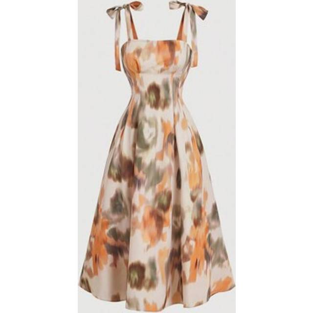 SHEIN Women&#39;s Vintage Abstract Floral Ruffle Strap Dress, Fall/Winter Women Dresses, Beach, Party, Homecoming, Brunch Women Dresses, Fall Wedding Guest Dres