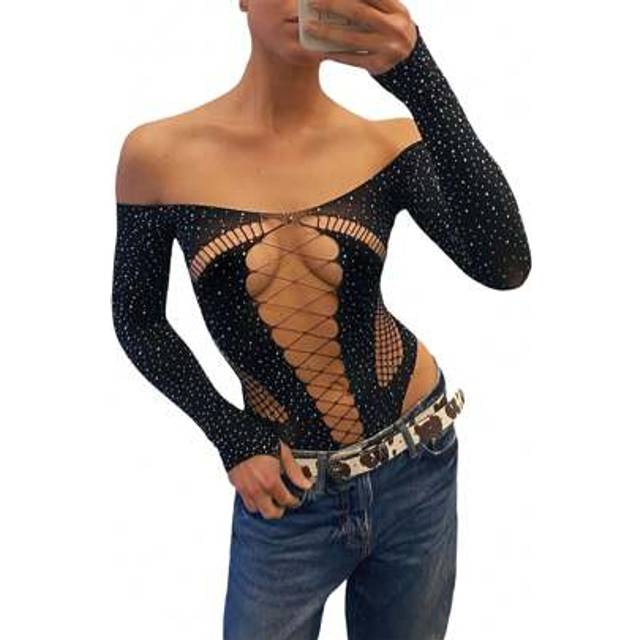 SHEIN Womens Off Shoulder Bodysuit, Shiny Rhinestone Long Sleeve Hollow Out Slim Fit Leotard Tops