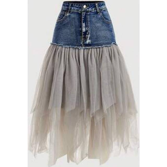 SHEIN Ladies&#39; Plain Simple Daily Denim & Mesh Patchwork A-Line Skirt,Date Night Skirts,Thanksgiving,Cute Skirts,Rave Festival Outfits,Brunch Women Outfit, C