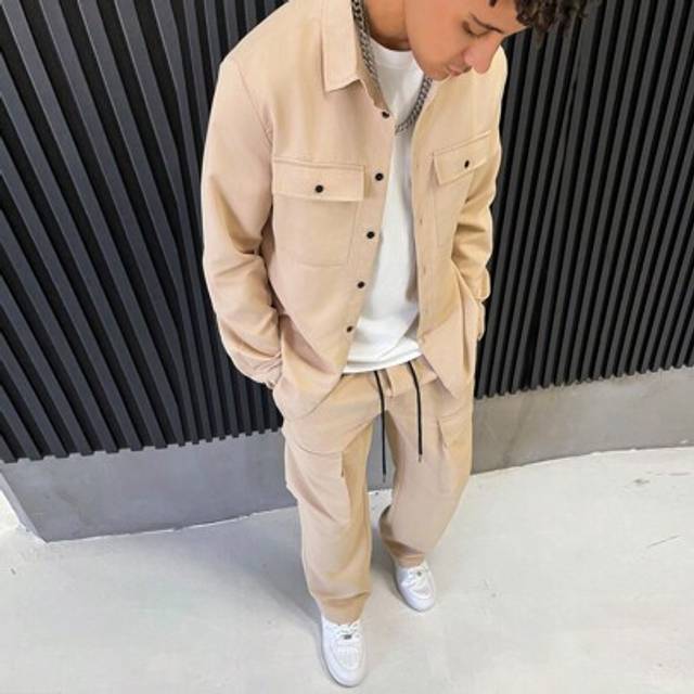 SHEIN 2pcs/Set Men Casual Daily Solid Button Front Pocket Shirt And Pants Suit For Autumn