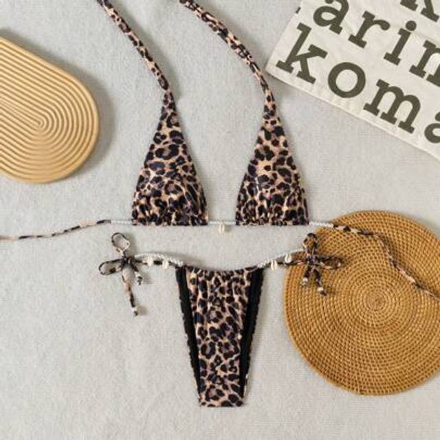SHEIN 2pcs Women&#39;s Leopard Print Pearl Decor Halter Tie String Sexy Bikini Sets, Summer