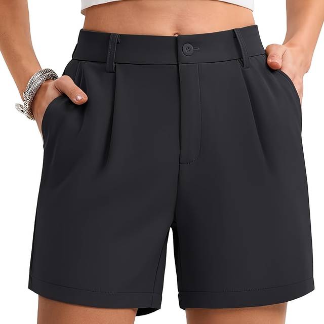 TEMU Women's High-waisted Pleated Shorts With Pockets - Casual Summer Black Knee-length Shorts, Machine Washable, Button Detail, Non-stretch Fabric, Cute Shorts, Comfortable , Smooth Texture Fabric