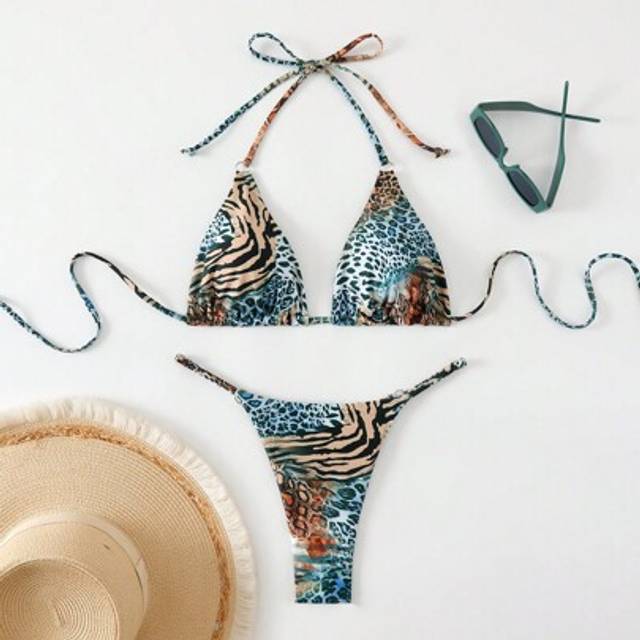 SHEIN 2pcs/Set Women Leopard & Zebra Print Halter Tie Sexy Bikini Set For Beach Vacation 2025 Summer