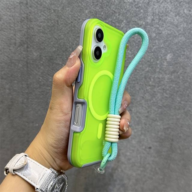 TEMU 3-in-1 Cute Matte Clear Fluorescent Color Magnetic Wireless Case With Short Strap For Iphone 16 15 14 11 Pro Max Silicone Back Cover Candy Color
