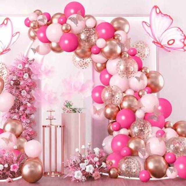 SHEIN 111pcs Butterfly Decorative Balloon Arch Kit, Pink Color Perfect Decoration Wedding Birthday Holiday Event Party Room Wall Background Decor, Back To S