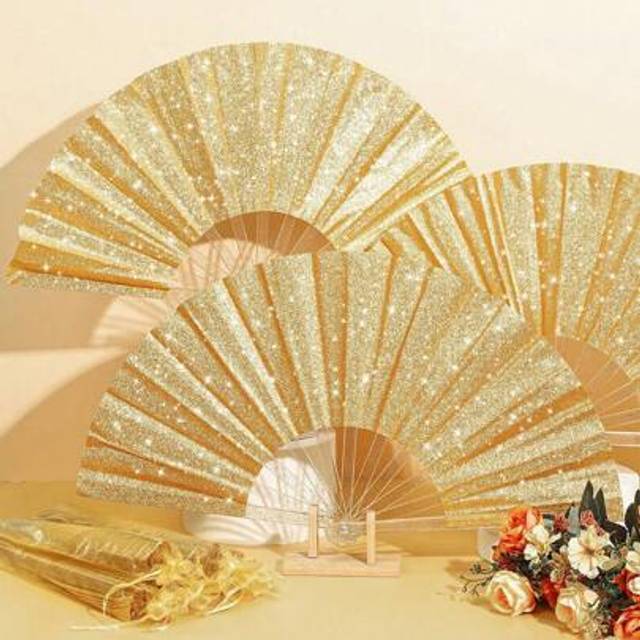 SHEIN 1pc Glitter Large Folding Hand Fan, Rave Retro Chinese Folding Hand Fan, Chinese Tai Chi Kung Fu Fan Decorative Folding Fan, For Festivals, Club, Danc