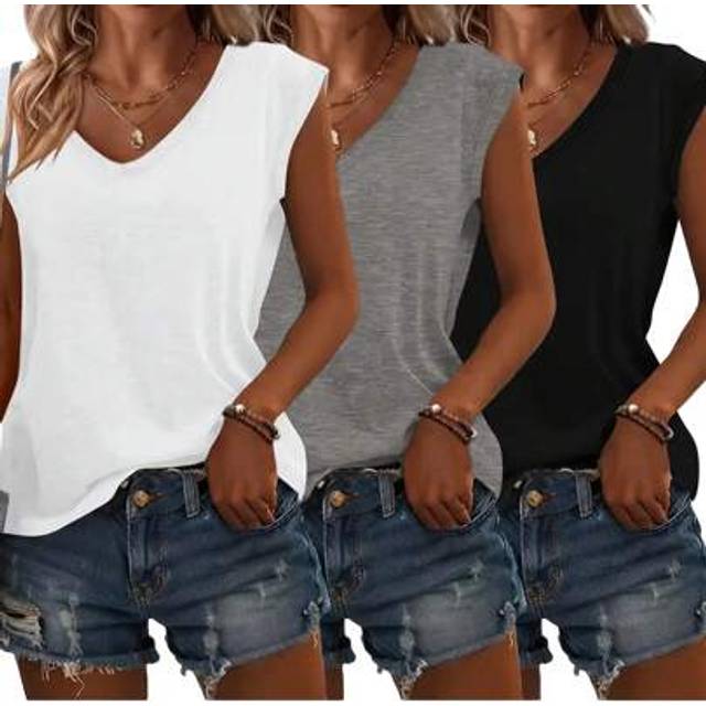 SHEIN 3pcs Solid Color V-Neck Short Sleeve T-Shirts, Casual Women Tops, Spring/Summer