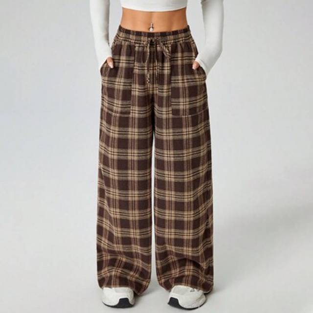 SHEIN Women&#39;s Autumn And Winter Woven Plaid Wide-Leg Trousers With Pockets