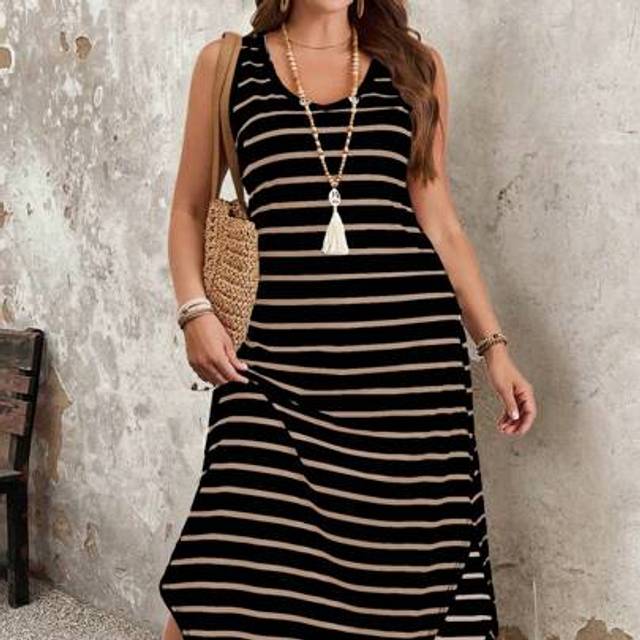 SHEIN Plus Size Casual Striped Sleeveless Split Hem Dress, Summer Maxi Women Outfit