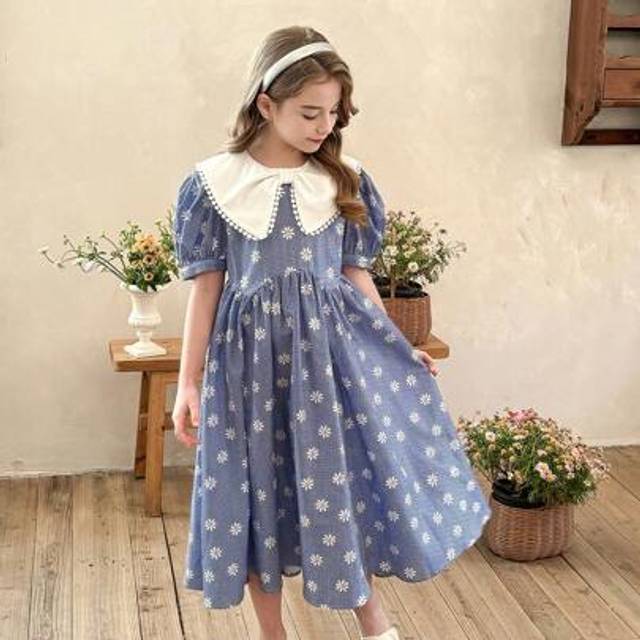 SHEIN LMoss Tween Girl Ditsy Floral Gingham Smocked Collar Casual Fit-And-Flare Dress,White Lace Lapels,Suitable For Spring And Summer