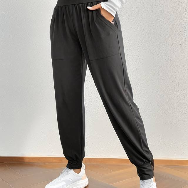 TEMU Women's High-waisted Joggers With Dual Pockets - Black Casual Loose Fit Sweatpants For Jogging, Running & Everyday Wear, Astringent Waistband, Phone Holder, Versatile Design, Jogging Pants