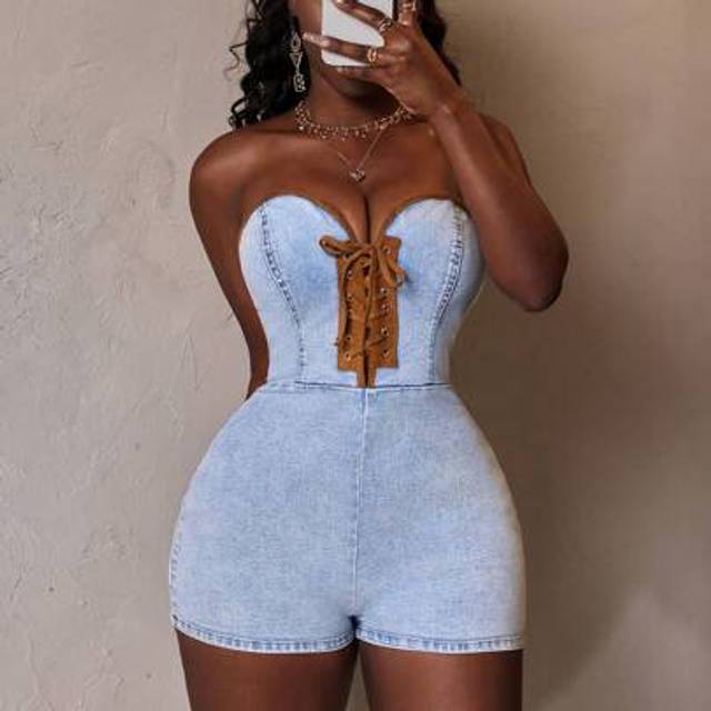 Slaydiva Women&#39;s Metal Grommet Lace-Up Bustier Denim Romper