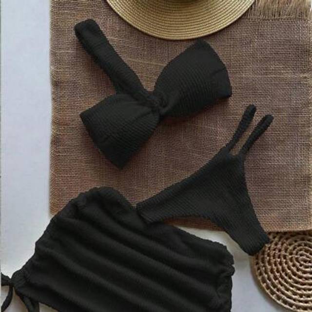 SHEIN 3pcs/Set Sexy One Shoulder Ribbed Bikini Swimwear With Skirt, European And American Style, For Summer Beach Vacation