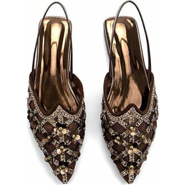 SHEIN Women&#39;s Glamorous Rhinestone & Rivet Decorated Flower Bronze Suede Closed Toe Slingback Flats, Elegant And Comfortable For Daily Wear And Party