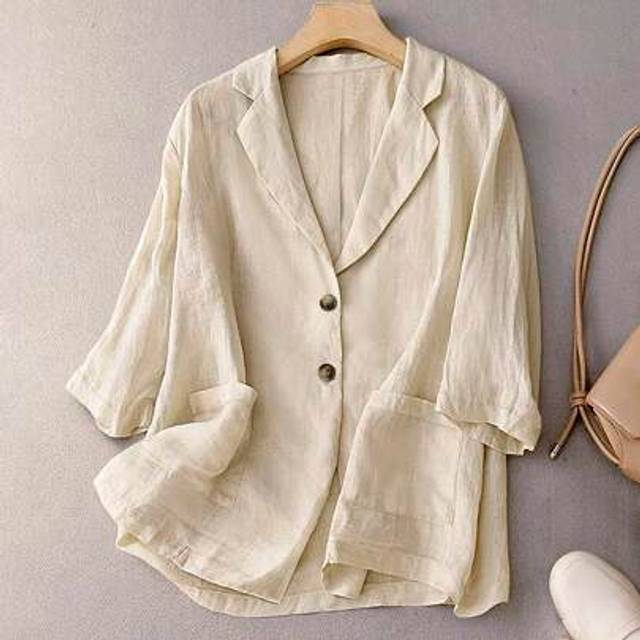 SHEIN Women&#39;s Linen 3/4 Sleeve Loose Fit Blazer With Large Pockets, Casual For Spring/Summer