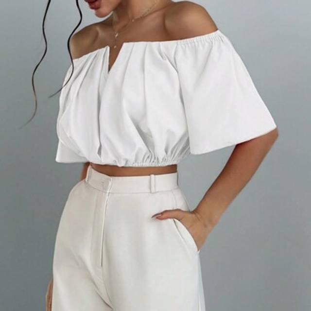 SHEIN Off Shoulder V-Neck Waist-Cinching Blouse,Short Sleeve Tops