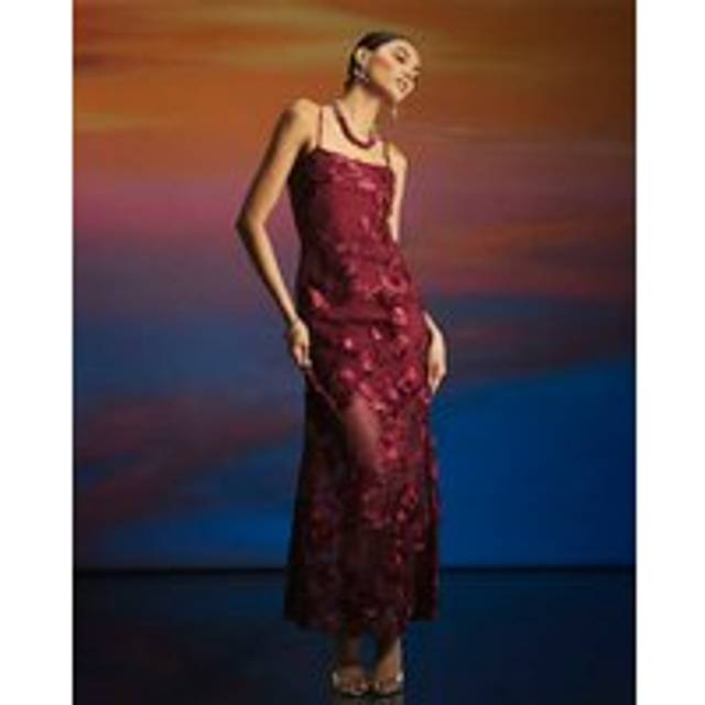 River Island Womens Red 3D Floral Mesh Tube Maxi Dress