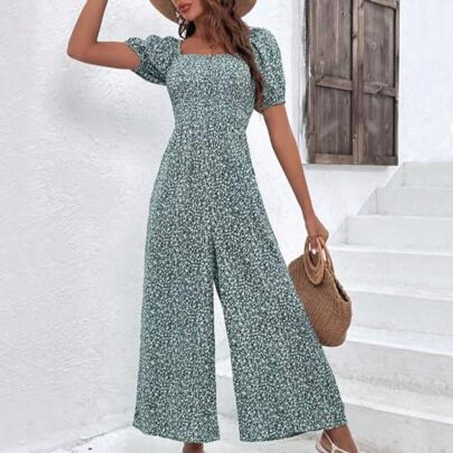 SHEIN Ditsy Floral Print Puff Sleeve Wide Leg Jumpsuit