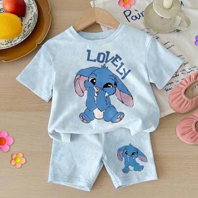 SHEIN Girls Toddlers Casual Creative Print Short Sleeve T-Shirt And Biker Shorts 2Pcs Set Girls Pajama Short Sets Kids Shirt And Shorts Girl Bunny Clothes F