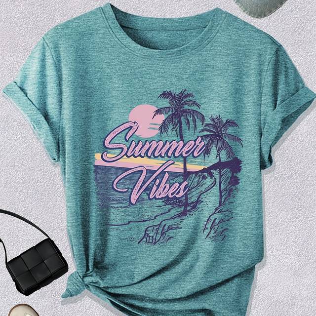 TEMU Women's Vibes Graphic Tee - Casual Short Sleeve Crew Neck Top With Palm Tree & Sunset Design, Light Green Polyester Tee For Beach Or , Beach Tshirt