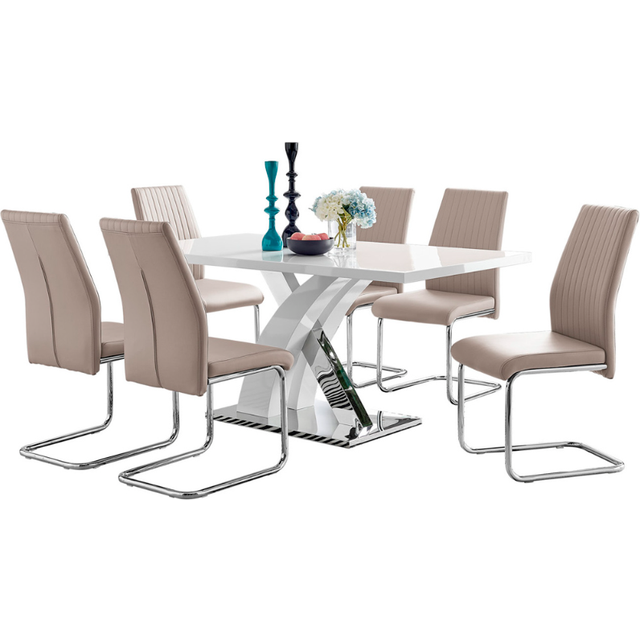 Atlanta Modern High Gloss White Dining Table And 6 Lorenzo Chairs Set - Cappuccino - Neutral