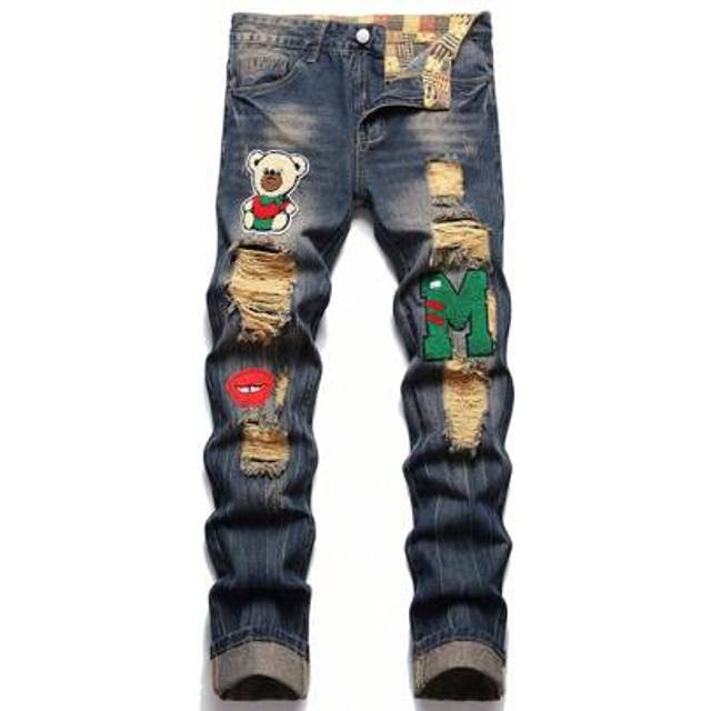 SHEIN Men Cartoon & Letter Patched Detail Ripped Frayed Jeans