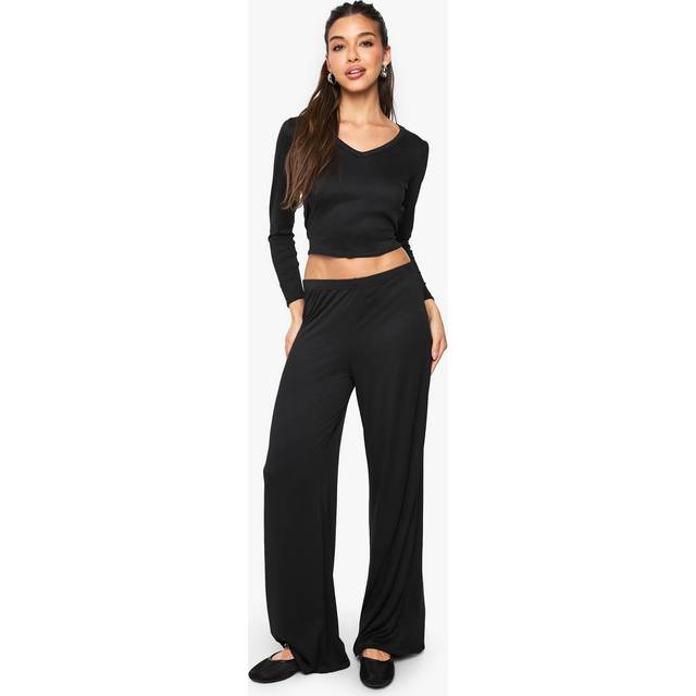 Womens Supersoft V Neck Binding Long Sleeve Top And Wide Leg Trouser Set - Black - 12, Black