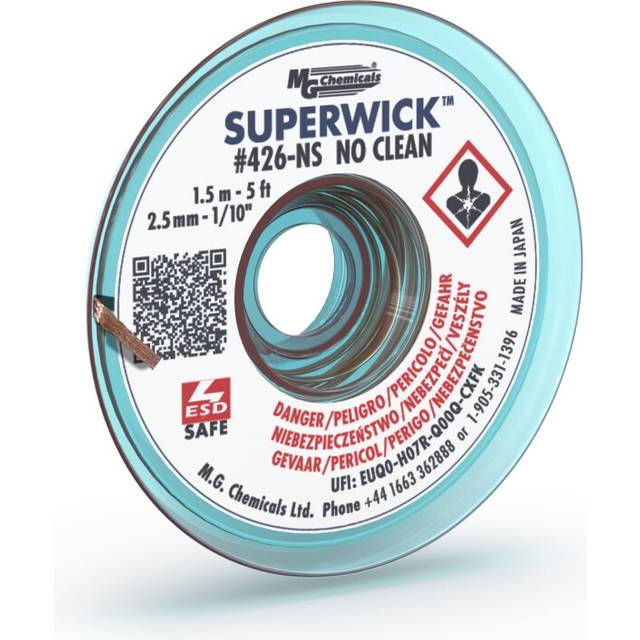 "MG Chemicals 426-NS #4 No Clean Super Wick Desoldering Braid  0.1"""" Width x 5' Length  Blue"