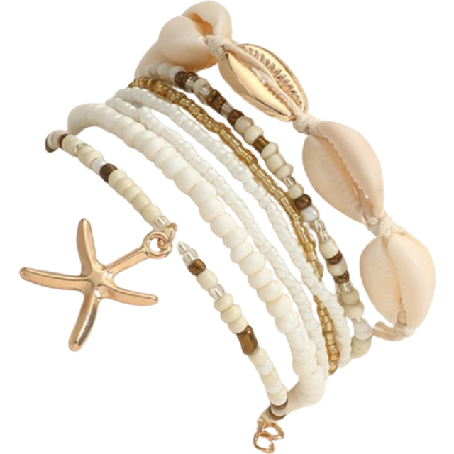 SHEIN 7pcs Bohemian Style Beaded Bracelets With Shell, Beads & Starfish Pendants For Women (Bead Colors Are Randomly Matched)