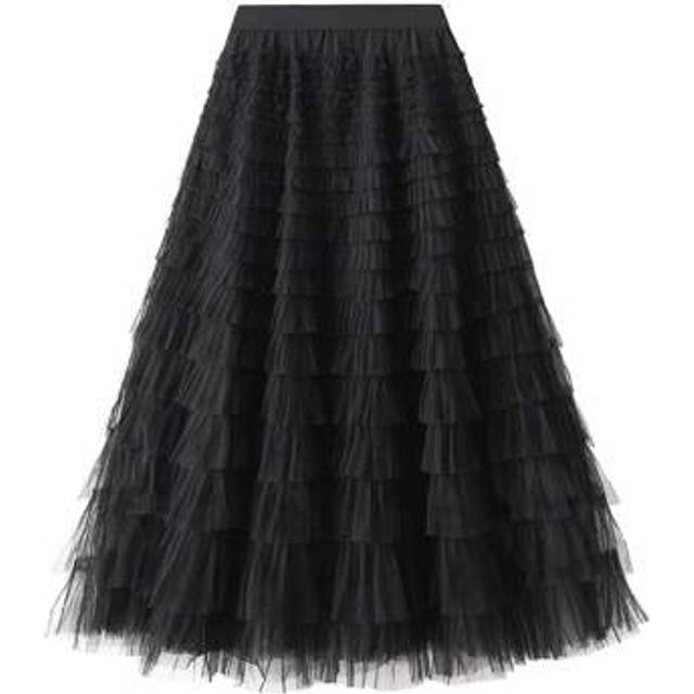 SHEIN Women&#39;s Long Skirt Multilayer Mesh Pleated High Waist High Stretch Elegant Solid Color Cake Skirt