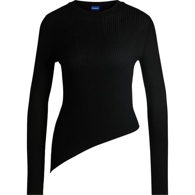 Sheer-ribbing sweater with asymmetric hem - Black