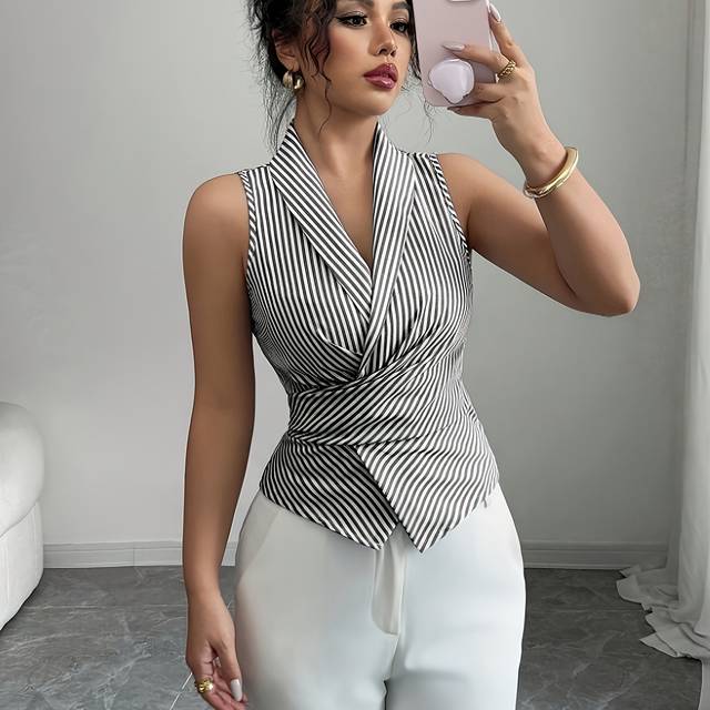 TEMU Women's Elegant Sleeveless V-neck Blouse - Formal & Shirt With Non-transparent Fabric, Machine Washable Office Or Party Top For Women - Elegant Special , Striped Pattern Blouse, Knotted