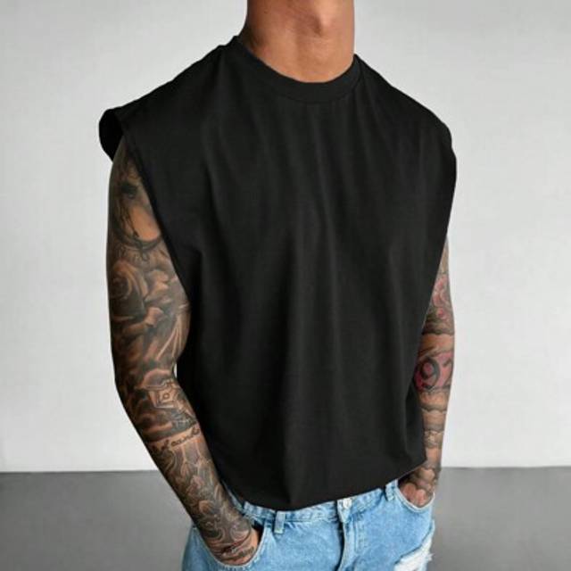 SHEIN 2025 New Men&#39;s Summer Solid Color Crew Neck Sleeveless Casual Hip Hop Wide Strap Tank Top