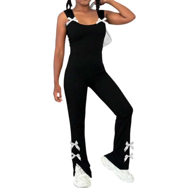 SHEIN 1pc Girls&#39; Summer Sleeveless Bow Design Black & White Fashion Casual Jumpsuit Summer Holiday