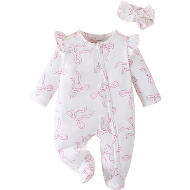 SHEIN Long Sleeve Footie Jumpsuit With Headband For Newborns, White Base With Pink Bow Cute Style, Soft & Comfy Fabric