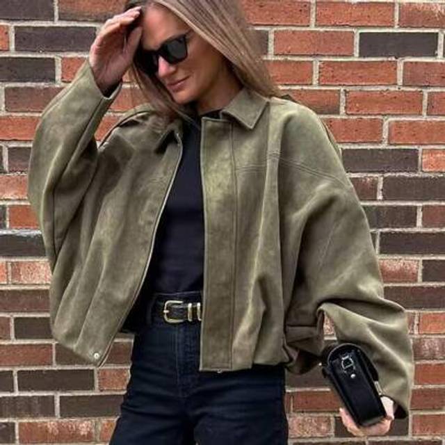 SHEIN Women&#39;s Bomber Jacket Spring Coat Loose Long Sleeves Zip Vintage Jacket Ladies New Jacket Green Outerwears